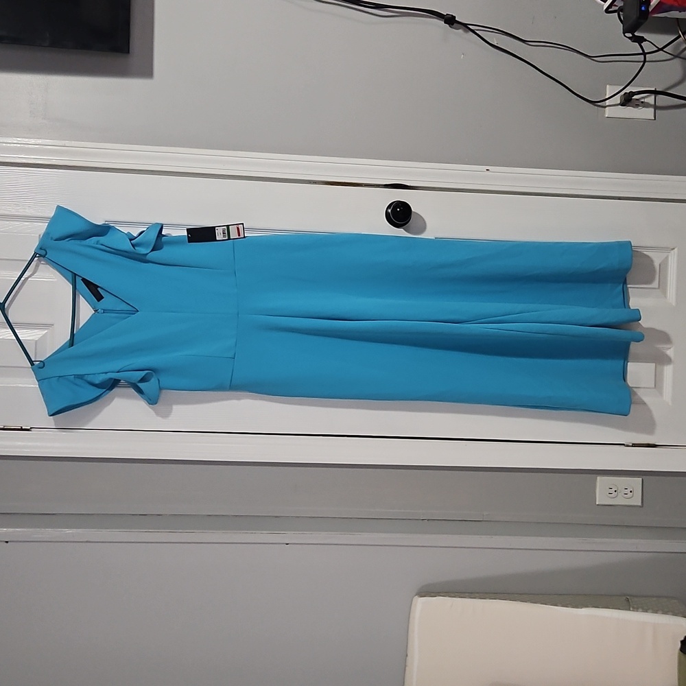 Rachel Rachel Roy Elegant Aqua Blue Jumpsuit with Flutter Sleeves and V-Neck L - Picture 3 of 7